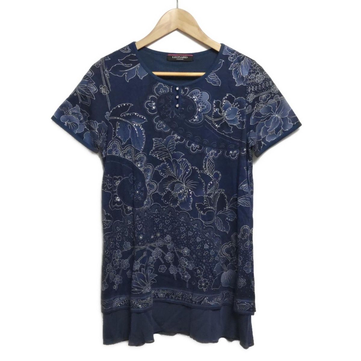 レオナール チュニック サイズ42 L レディース - ネイビー×白×ダークネイビー クルーネック|半袖|カンカン素材|花柄|ラインストーン