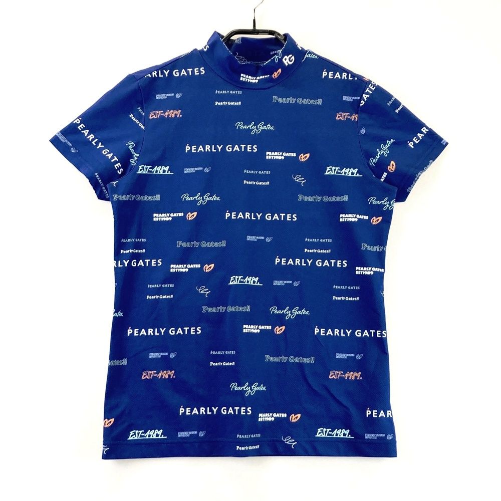 サイズ 2 PEARLY GATES パーリーゲイツ 2025年モデル ハイネック半袖Tシャツ ロゴ柄 ブルー系 ゴルフウェア レディース ストスト