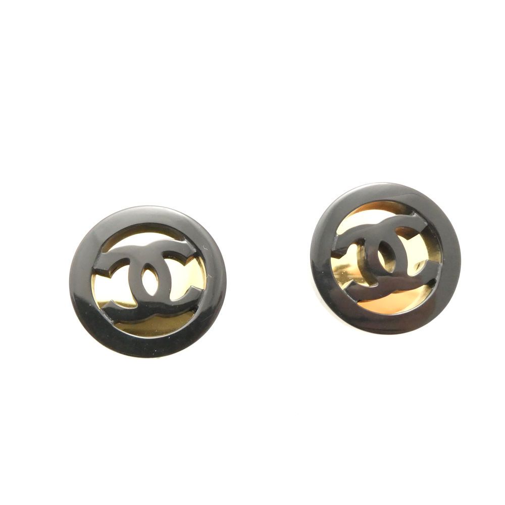 CHANEL シャネル ココマーク B 24 ピアス プラスチック 両耳 GP 金 黒 アクセサリー 服飾小物 レディース AU 3778