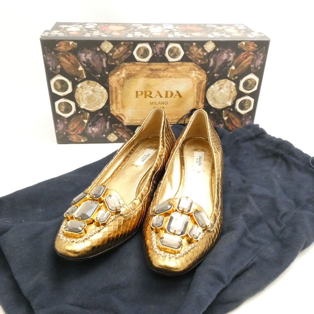 ♥ PRADA プラダ パンプス 36.5 23.5 cm パイソン ビジュー レディース AM 7866
