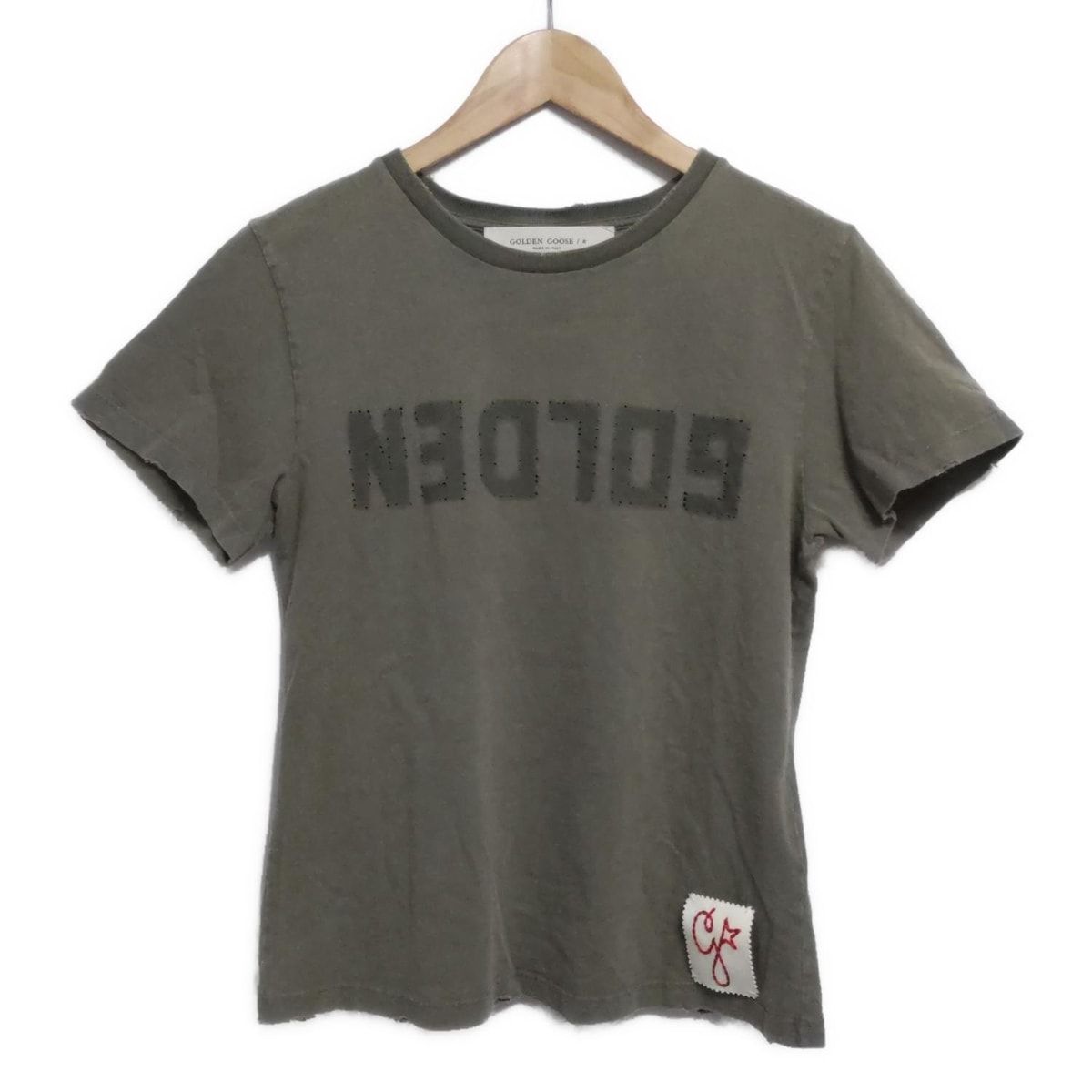 GOLDEN GOOSE ゴールデングース 半袖Tシャツ レディース - カーキ クルーネック|ダメージ加工