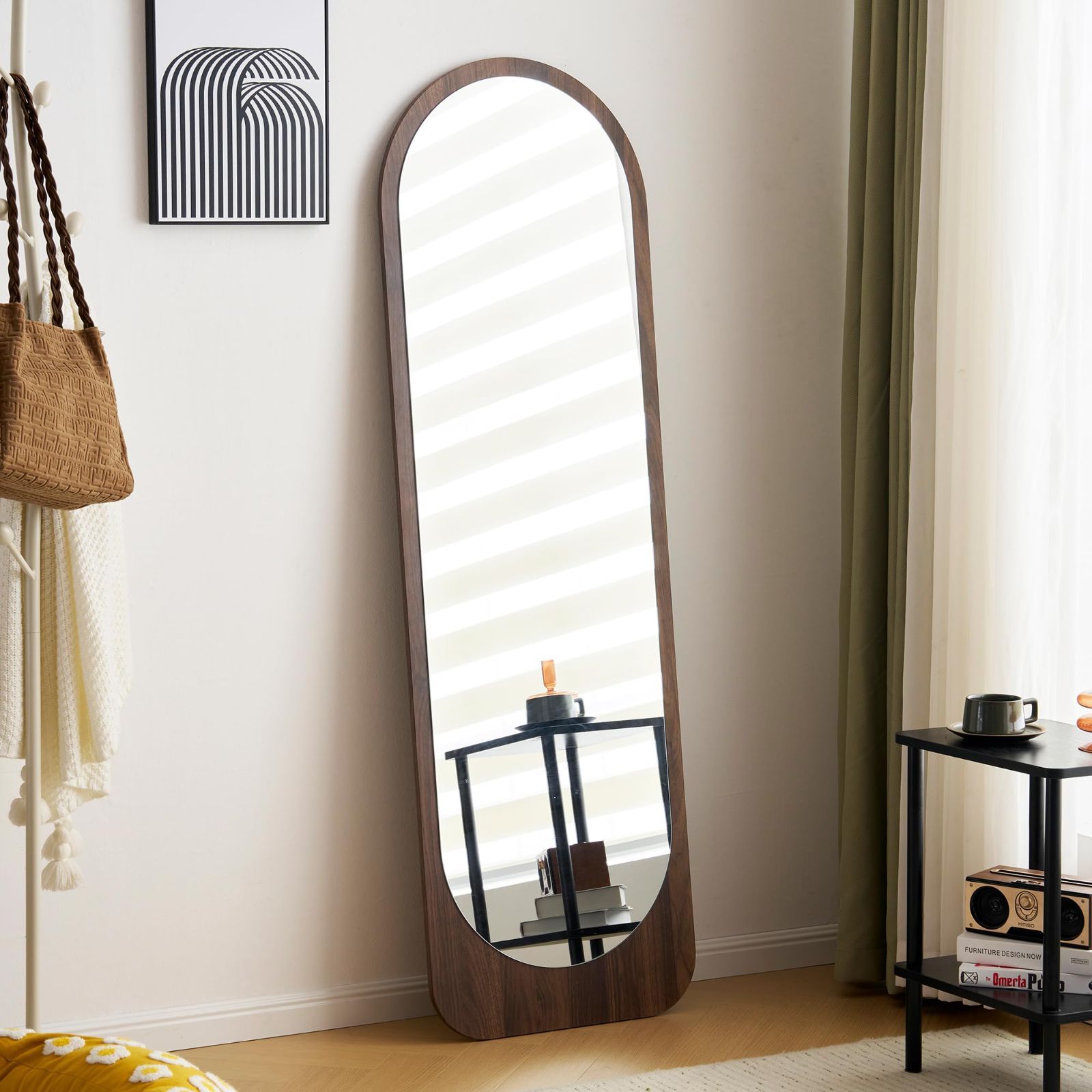 壁掛けミラー スタンドミラー 立てかけ 木目調 姿見 アーチタイプ 鏡 北欧 ミラー 姿見鏡 おしゃれ 全身鏡 飛散防止 OSJ ブラウン
