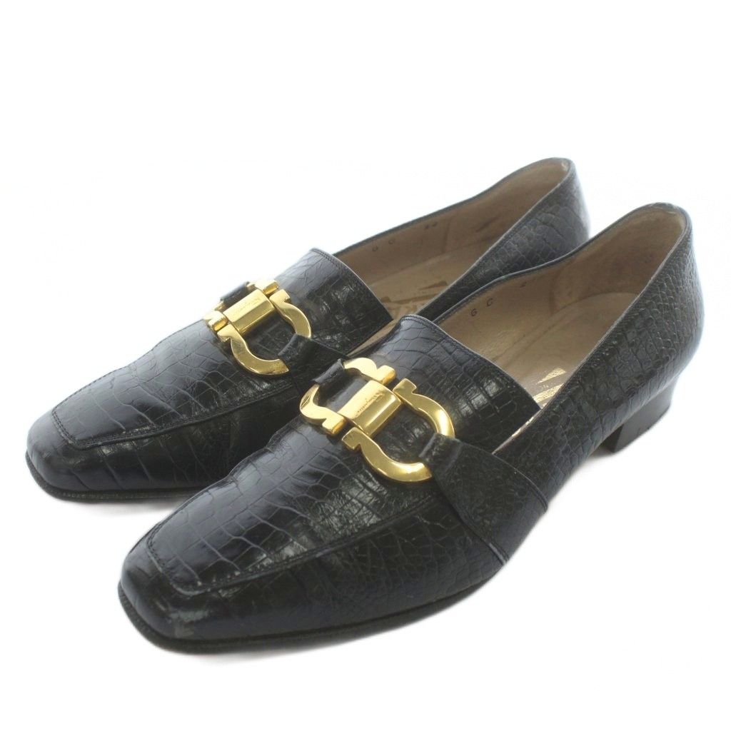 サルヴァトーレフェラガモ Salvatore Ferragamo ローファー パンプス レザー リザード型押し スクエアトゥ ガンチーニ 6 23.5 cm 黒 ブラック |XZ GY 18