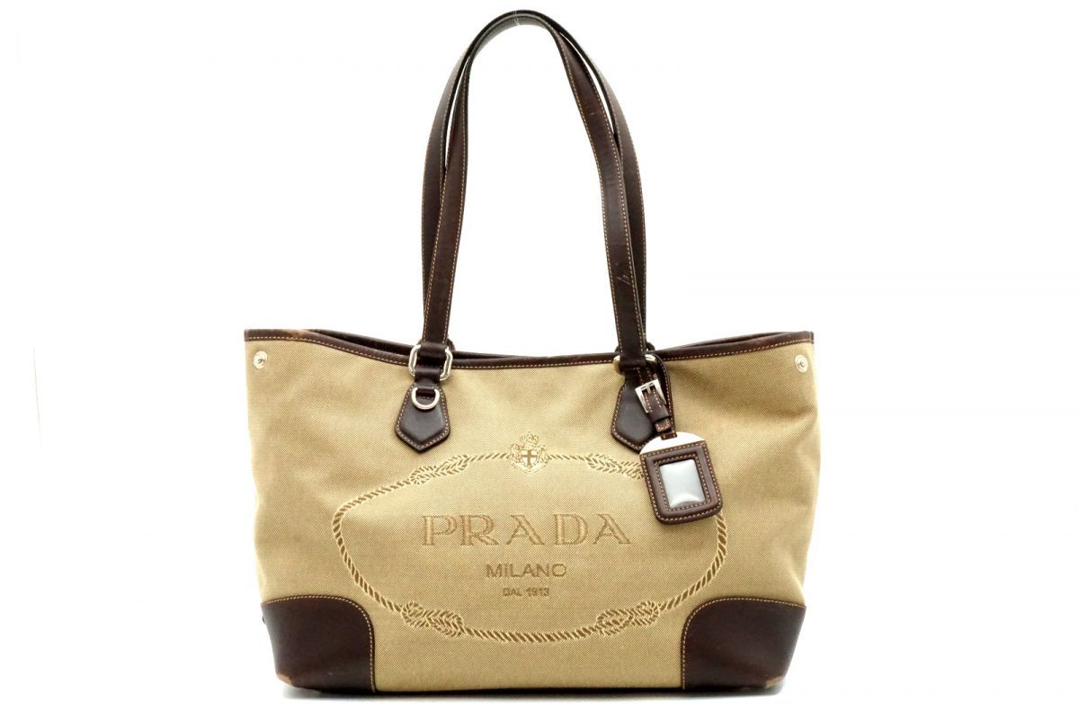 プラダ ショルダー バッグ トート BR 3412 ジャガード ロゴ ネームタグ 大容量 キャンバス 茶 ブラウン PRADA 4982 h