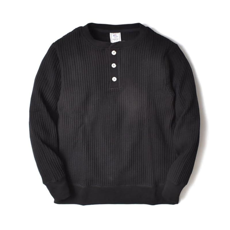 JEMORGAN ジェーイーモーガン サーマル ヘンリーネック メンズ ビックワッフル 厚手 無地 アメカジ 春 秋冬 Lサイズ ブラック