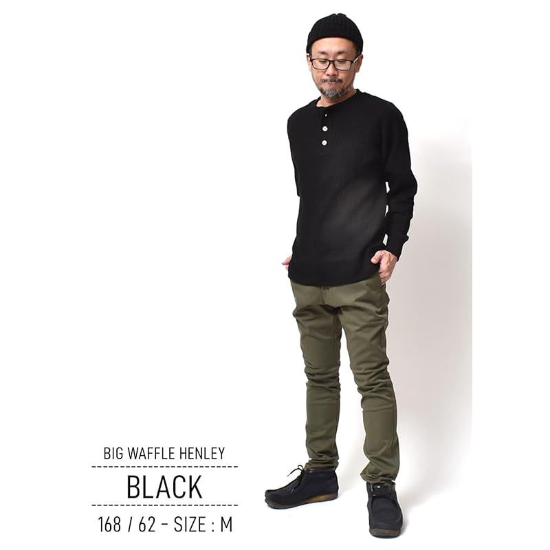 JEMORGAN ジェーイーモーガン サーマル ヘンリーネック メンズ ビックワッフル 厚手 無地 アメカジ 春 秋冬 Lサイズ ブラック