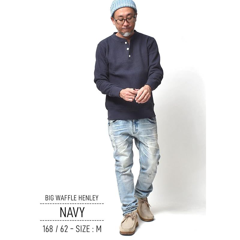 JEMORGAN ジェーイーモーガン サーマル ヘンリーネック メンズ ビックワッフル 厚手 無地 アメカジ 春 秋冬 XLサイズ ネイビー