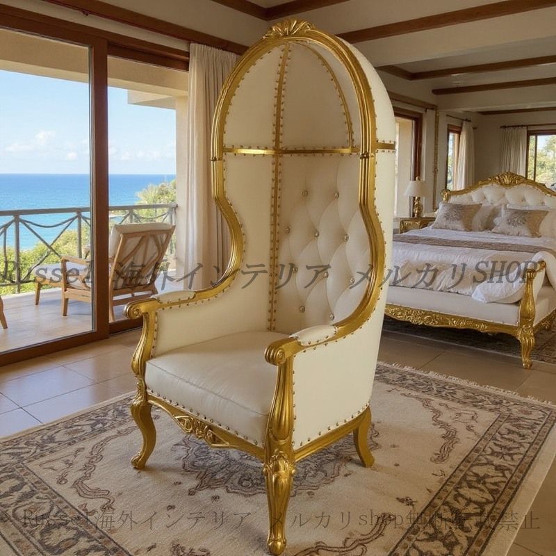 チェア ラグジュアリー ロイヤル 玉座 ホワイト おしゃれ インテリア 北欧 ゴールド カラー 装飾 椅子 いす アーム ホテル リゾート ヴィラ ラウンジ