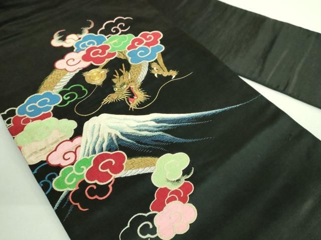 平和屋着物● 上 アンティーク 大正ロマン 九寸名古屋帯 総手刺繍 富士山 龍 黒地 金糸 kh 6
