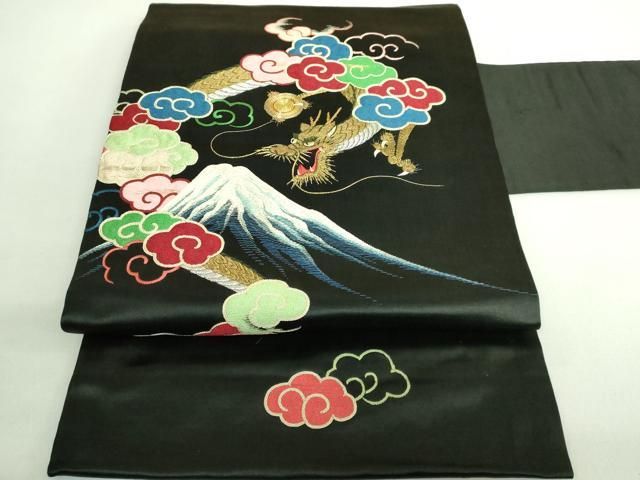 平和屋着物●極上　アンティーク　大正ロマン　九寸名古屋帯　総手刺繍　富士山　龍　黒地　金糸　逸品　DZAB2047kh6 平和屋着物○極上 アンティーク 大正ロマン 九寸名古屋帯 総手刺繍