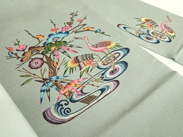 平和屋着物● 上 人間国宝 玉那覇有公 本場琉球紅型 九寸名古屋帯 飛鶴松竹梅 灰色地 鬼しぼ縮緬 kh 6