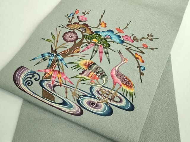  平和屋着物● 上 人間国宝 玉那覇有公 本場琉球紅型 九寸名古屋帯 飛鶴松竹梅 灰色地 鬼しぼ縮緬 kh 6 名古屋帯 帯