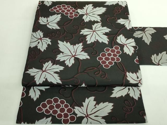 平和屋着物● 上 九寸名古屋帯 葡萄蔦の葉文 黒地 kh 6