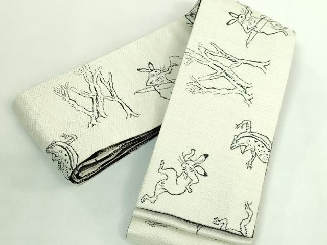 平和屋着物○極上 男性 両面 角帯 鳥獣戯画 横段文 逸品 DZAB2400kh6