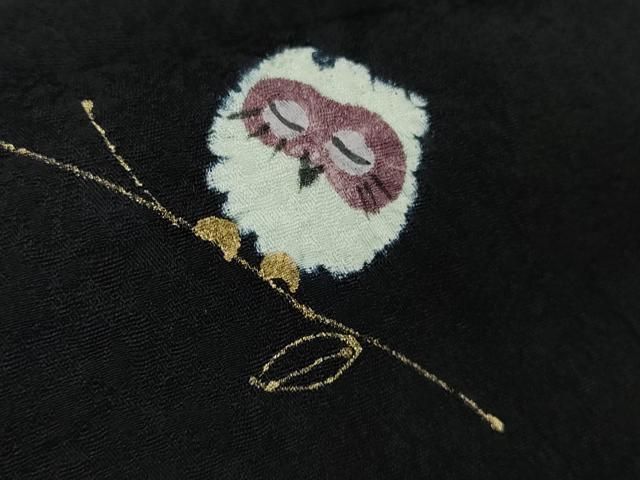  平和屋着物● 上 小紋 手描き ふくろう 梟 黒地 金彩 ロング丈 ♥ kh 6 小紋 着物