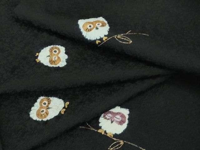 平和屋着物● 上 小紋 手描き ふくろう 梟 黒地 金彩 ロング丈 ♥ kh 6