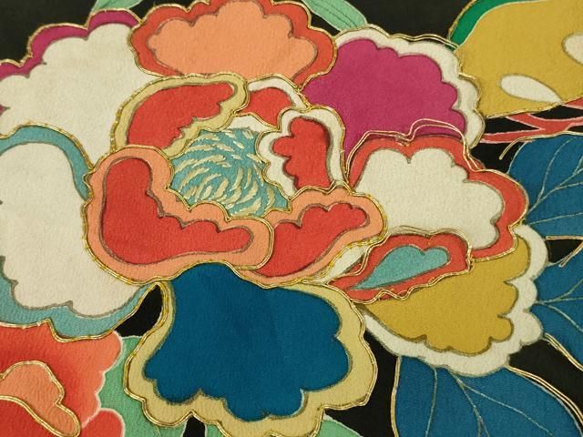  平和屋着物● 上 アンティーク 大正ロマン 振袖 駒刺繍 松笹花文 黒地 kh 6 振袖 着物