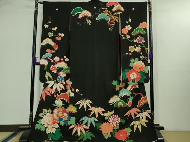 平和屋着物● 上 アンティーク 大正ロマン 振袖 駒刺繍 松笹花文 黒地 kh 6