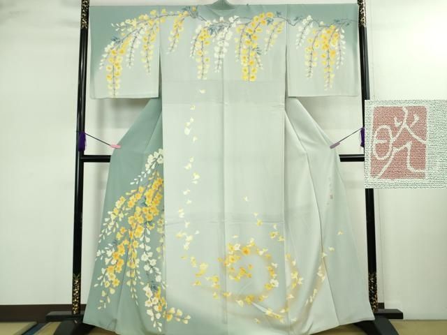 平和屋着物● 上 訪問着 友禅 作家物 枝垂れ花 藍白色地 暈し染め kh 6