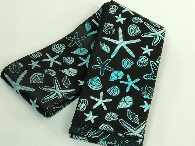 平和屋着物● 上 本場筑前博多織 男性 両面 角帯 貝殻 クジラ イルカ クラゲ 亀 鮫 黒地 kh 6