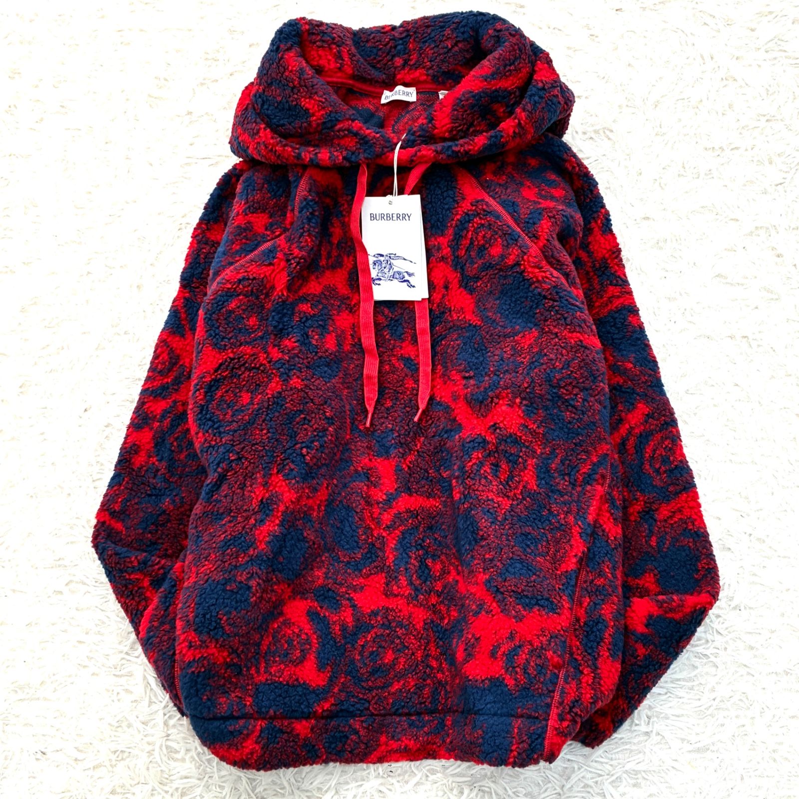 ♥タグ付き バーバリー フーディ パーカー ボア 総柄 メンズ レディース Sサイズ相当 レッド ネイビー フード 8077521