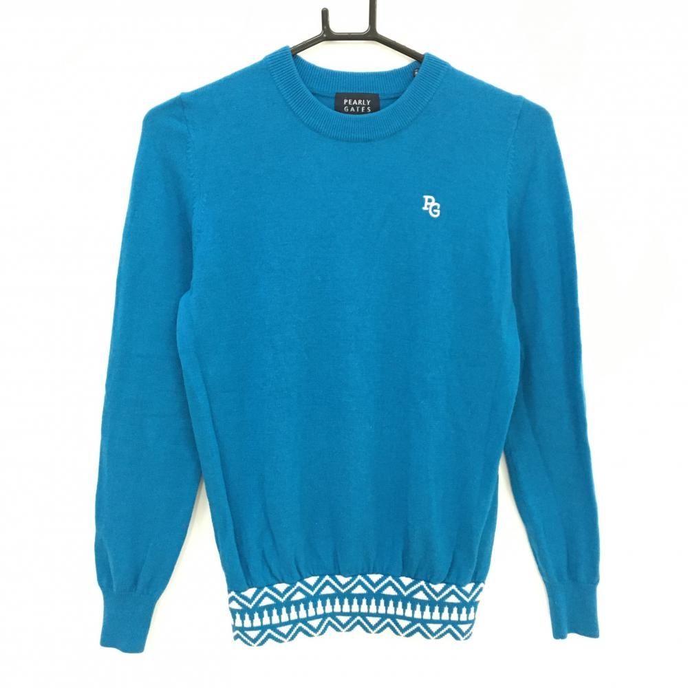 美品】パーリーゲイツ セーター ブルー×白 裾総柄 ウール100％ ニット