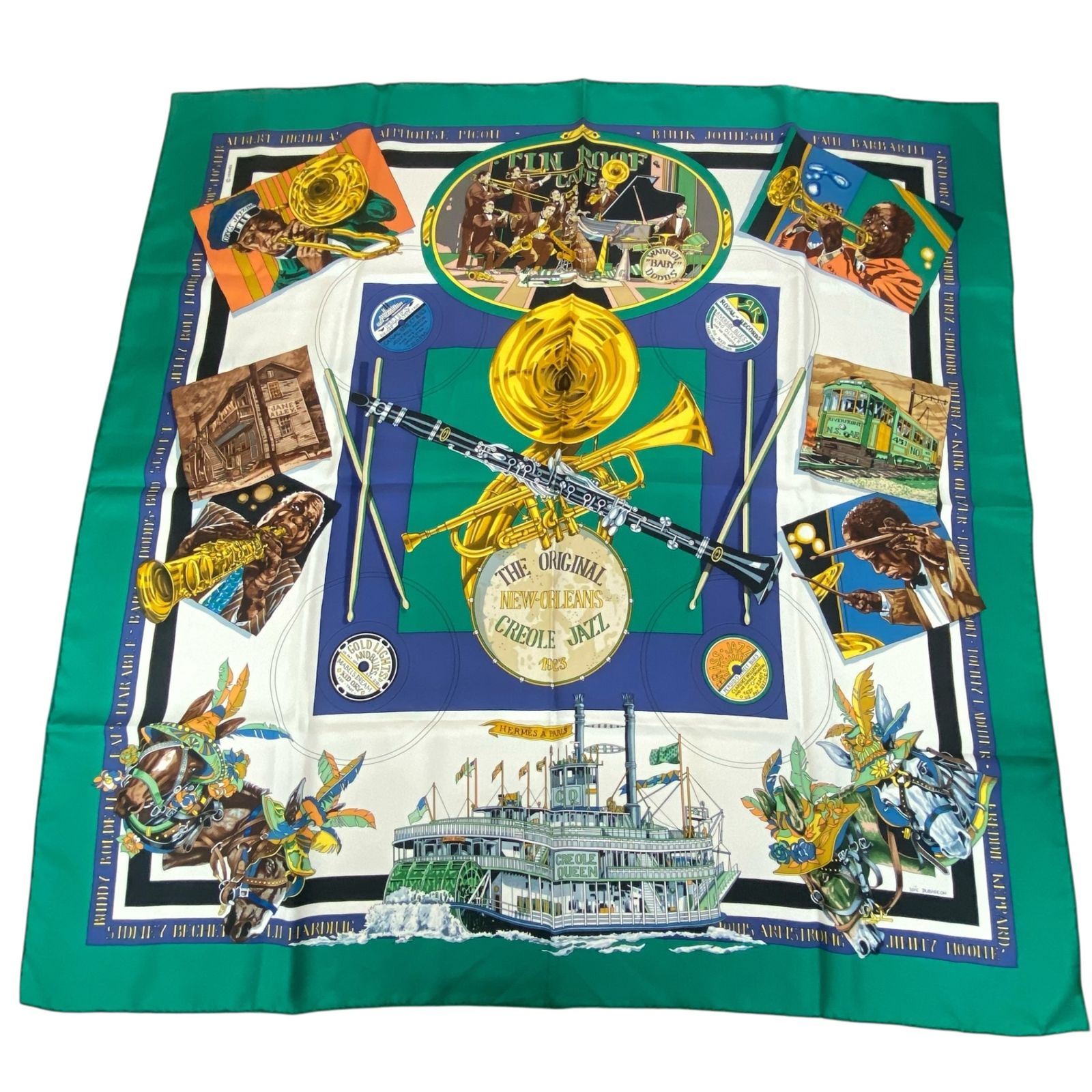 HERMES エルメス カレ90 THE ORIGINAL ORLEANS CREOLE JAZZ ニューオリンズ スカーフ シルク グリーン