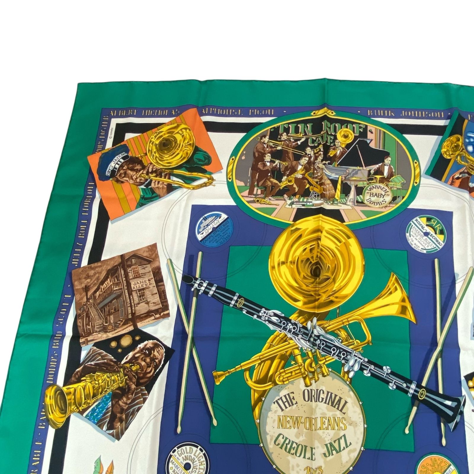 HERMES エルメス カレ90 THE ORIGINAL ORLEANS CREOLE JAZZ ニューオリンズ スカーフ シルク グリーン