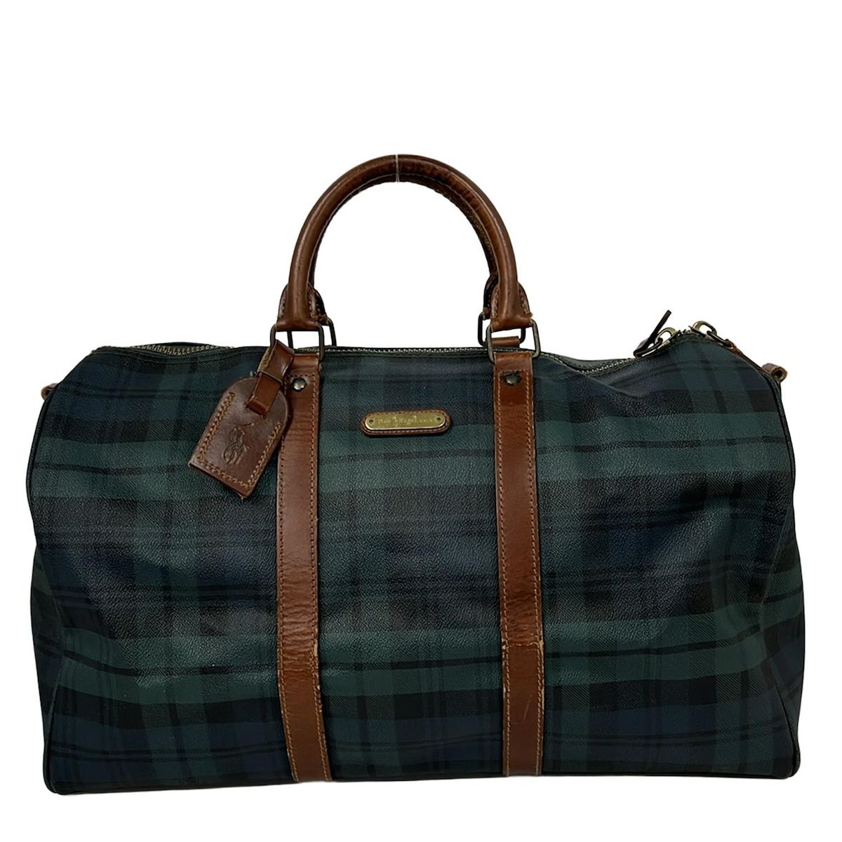 POLObyRalphLauren ポロラルフローレン ボストンバッグ - ダークグリーン×黒×ダークブラウン チェック柄|本体ロックなし レザー