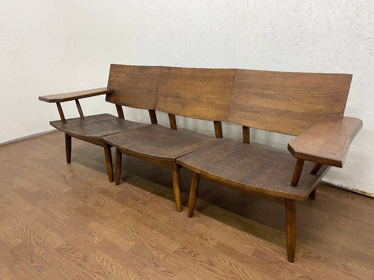 ●久和屋 クワヤ スカンディック 天然木 手彫り 3人掛けチェア ベンチチェア セパレート 3脚 椅子 無垢材 オーク材 貝1386