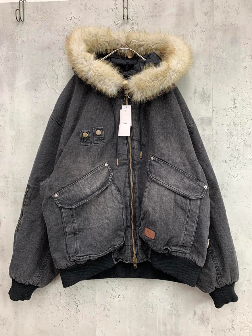 展示品 Perushu ペルーシュ ヴィンテージライクデニム フードファー ブルゾン ジャケット sizeM ブラックデニム加工 ◎メンズ