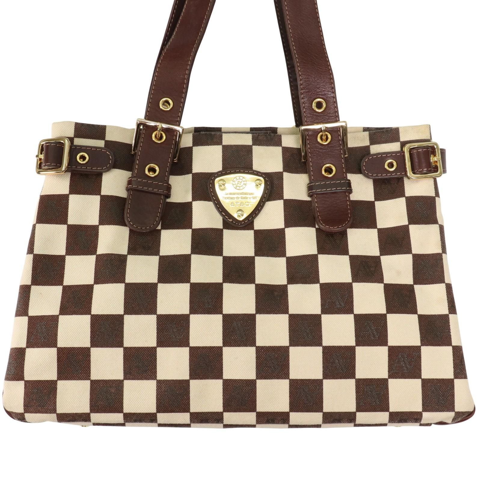 A 4対応 ATAO アタオ 市松模様チョコ トートバッグ キャンバス レザー 茶ブラウン系 ブロックチェック モノグラム 細見え トートバッグ 