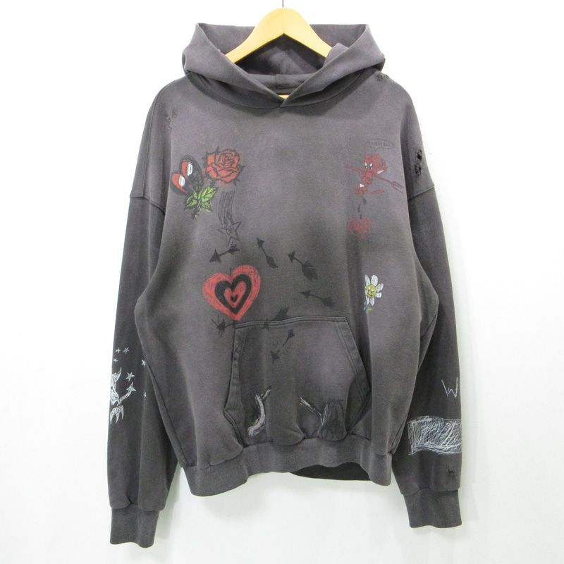 DAMLANO DAVID × NUBIAN | ダミアーノ デイビッド ヌビアン マネスキン HOODIE 加工プリント長袖パーカー ダメージ加工 グレー ブラック系 BLK サイズ XL 103