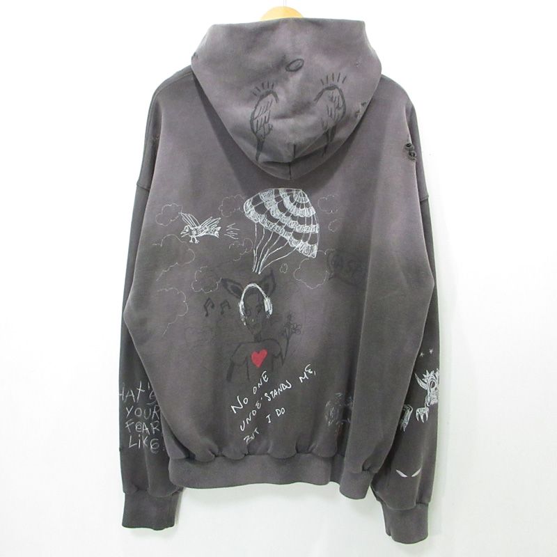 DAMLANO DAVID × NUBIAN | ダミアーノ デイビッド ヌビアン マネスキン HOODIE 加工プリント長袖パーカー ダメージ加工 グレー ブラック系 BLK サイズ XL 103