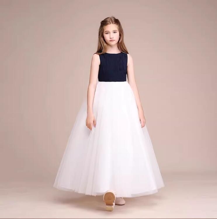 子供ドレス 発表会 ロングドレス ピアノ発表会 ジュニア ドレス フォーマルドレス 女の子 演奏会 結婚式 ネイビー×ホワイト キッズ フォーマル コンクール コンサート 七五三 豪華ドレス 子供服