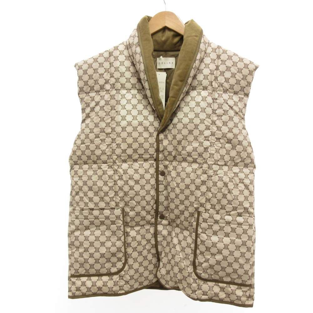 セリーヌ CELINE タグ付き ダウンベスト マカダム トリオンフ 総柄 ショールカラー M～L 茶 ブラウン |JS GY 50
