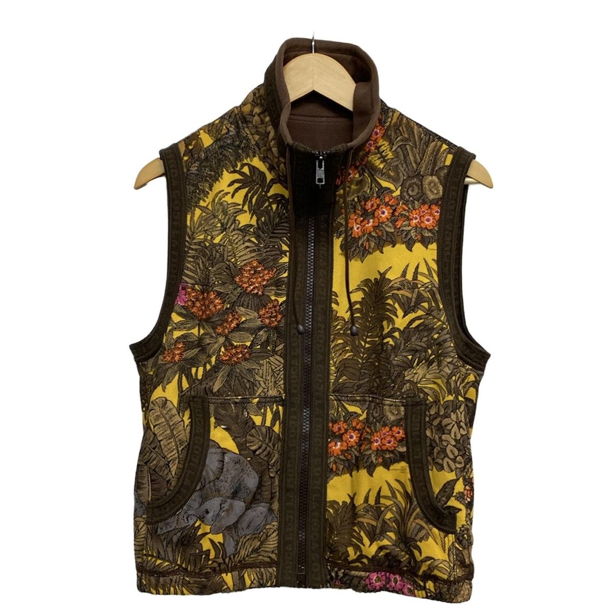 伊太利屋| イタリヤ ベスト サイズ9 M レディース - ダークブラウン×イエロー×マルチ ジップアップ|花柄|ゾウ|豹