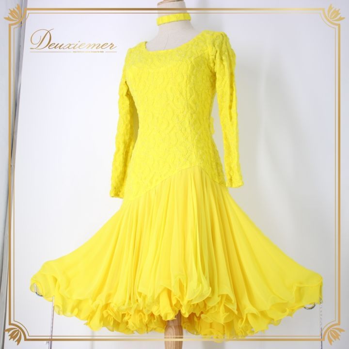 社交ダンス 衣装 スタンダード ドレス ワンピース レッスンウェア パーティ衣装 女性用 レディース オールシーズン イエロー系 U NA ユーナ フロート フンワリ スカート 輝く イエロー 軽やか フロート付き デザイン チョーカーセット おしゃれ