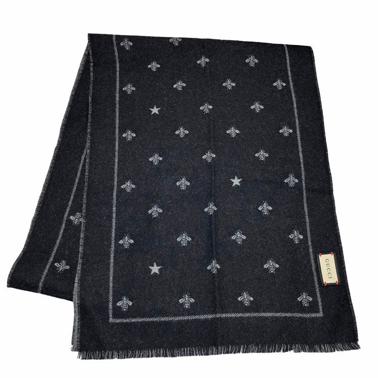 GUCCI グッチ BEE スター 総柄 ウール マフラー 430583 ウィメンズ ストール ブラック