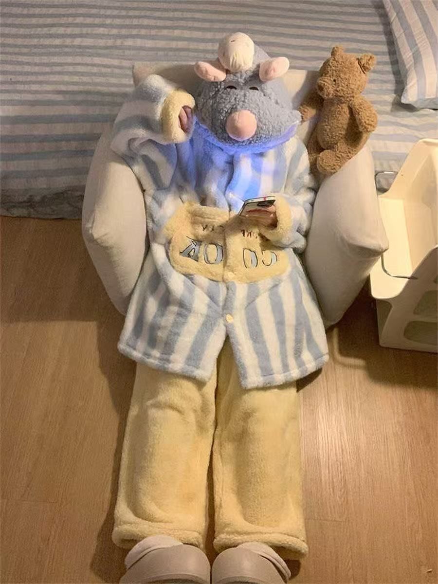 冬用 ストライプ柄 フランネル ルームウェア上下セット レディース S〜2 XL