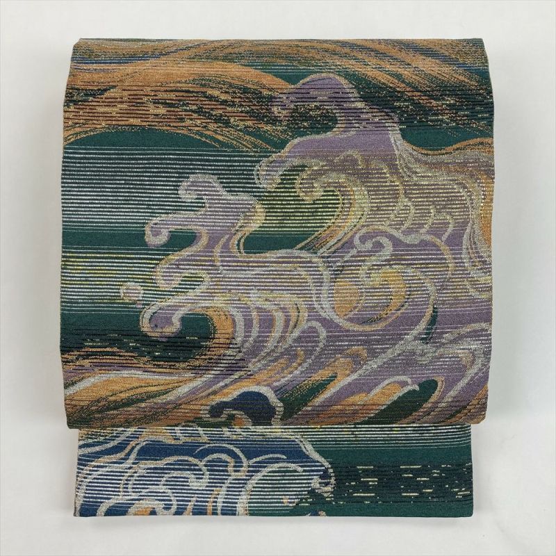 たんす屋 リユース帯 帯 袋帯 青 緑 セミフォーマル カジュアル 六通 金糸 銀糸 荒波 波頭