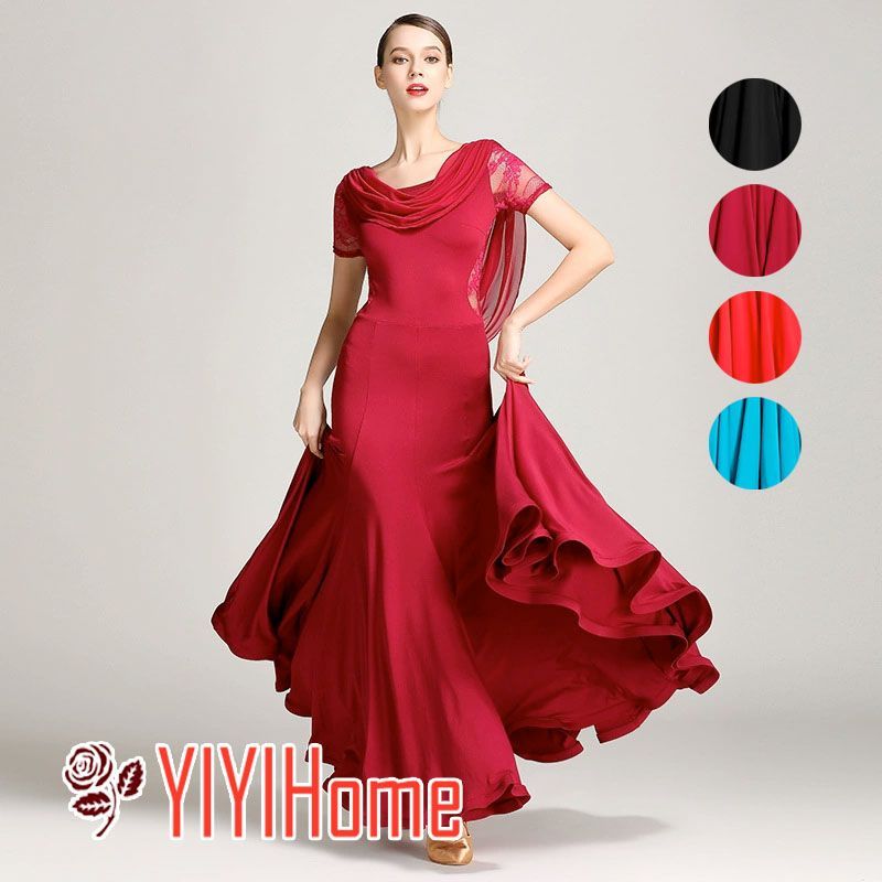 半袖 モダン ダンス ドレス ワンピース レディース 社交ダンス 国標舞対応 練習用ダンスウェア 上品 光沢 ストレッチ素材 体にフィット 美ライン演出 ワルツ タンゴ スローフォックスト 競技 レッスン パーティー用 舞踏服 ボリューム 大きい裾