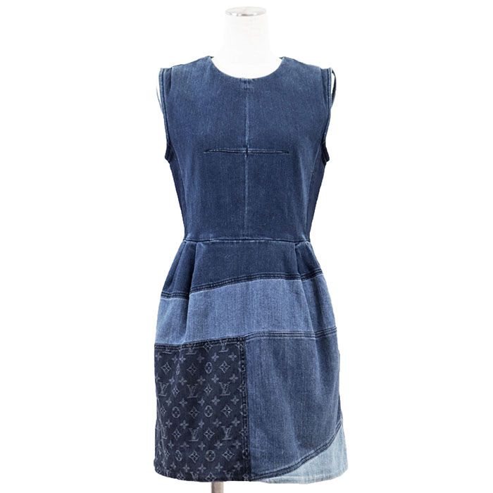 LOUIS VUITTON ルイ ヴィトン ワンピース ストレッチデニム LV ロゴ モノグラム ウィーブ パッチワーク バックジップ ノースリーブ ドレス レディース サイズ 38 インディゴ イタリア製