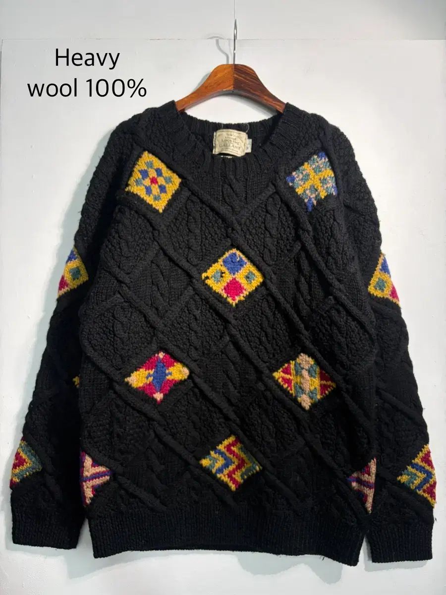 L XL ヘビーウール 刺繍 ハンドニット
