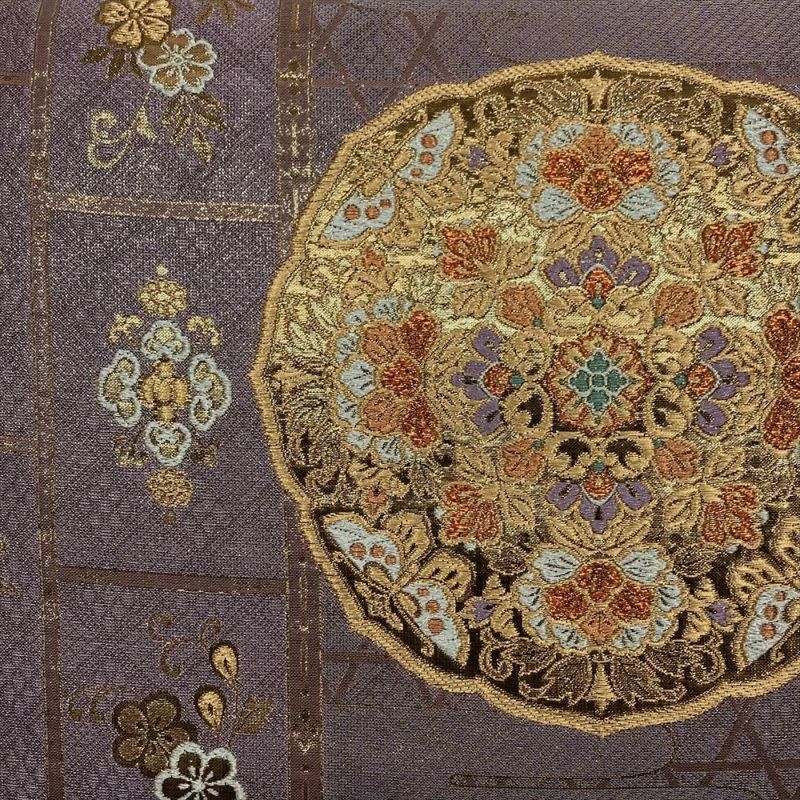 たんす屋 リユース帯 帯 袋帯 紫 フォーマル セミフォーマル 六通 本金箔 天井絵端華文 籠目 霞