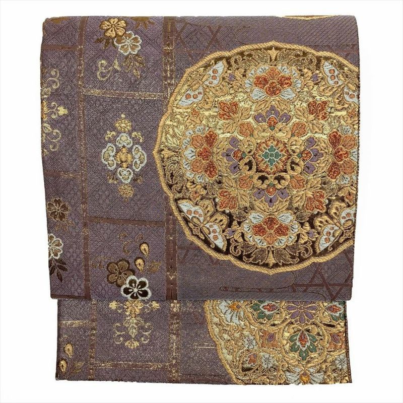 たんす屋 リユース帯 帯 袋帯 紫 フォーマル セミフォーマル 六通 本金箔 天井絵端華文 籠目 霞