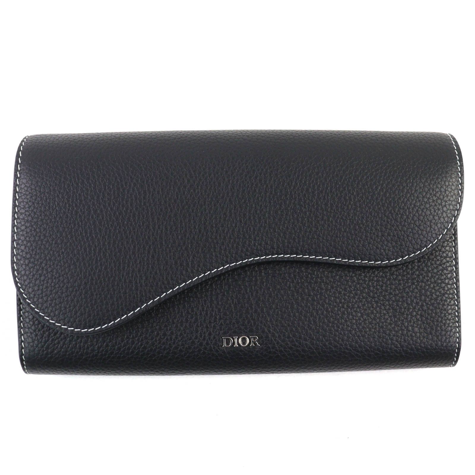 ♥品△DIOR ディオール オム サドル グレインドカーフスキン ロゴ金具 レザー ロングウォレット フラップ 長財布 ブラック 箱 保存袋付き イタリア製 メンズ