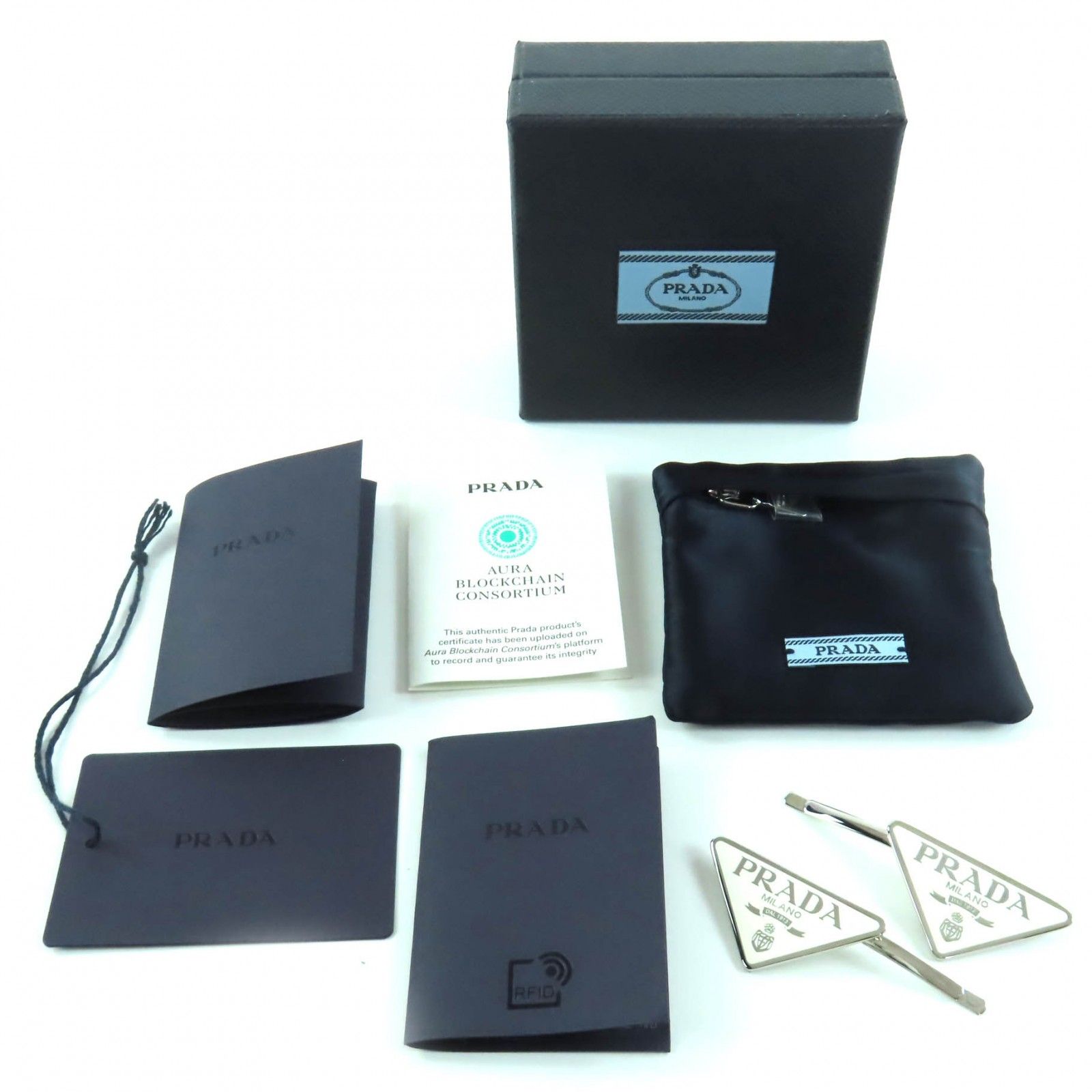 ♥品 PRADA プラダ 1 IF 051 メタル ヘアピン トライアングルロゴ ヘアアクセサリー ホワイト 箱 保存袋付き イタリア製 レディース