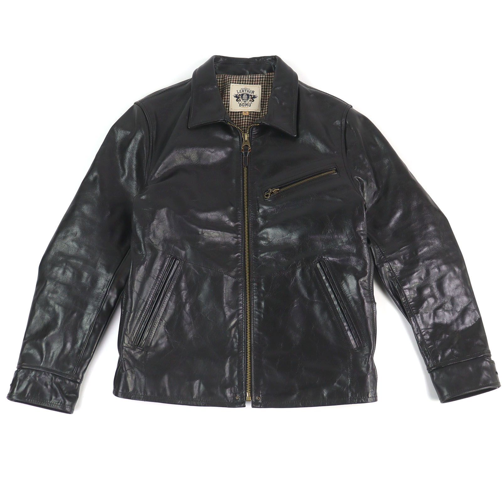 □LEATHER BOMU レザーボム ホースハイド 裏地ウールブレンド シングルライダース レザーバイカージャケット ブラック XL メンズ