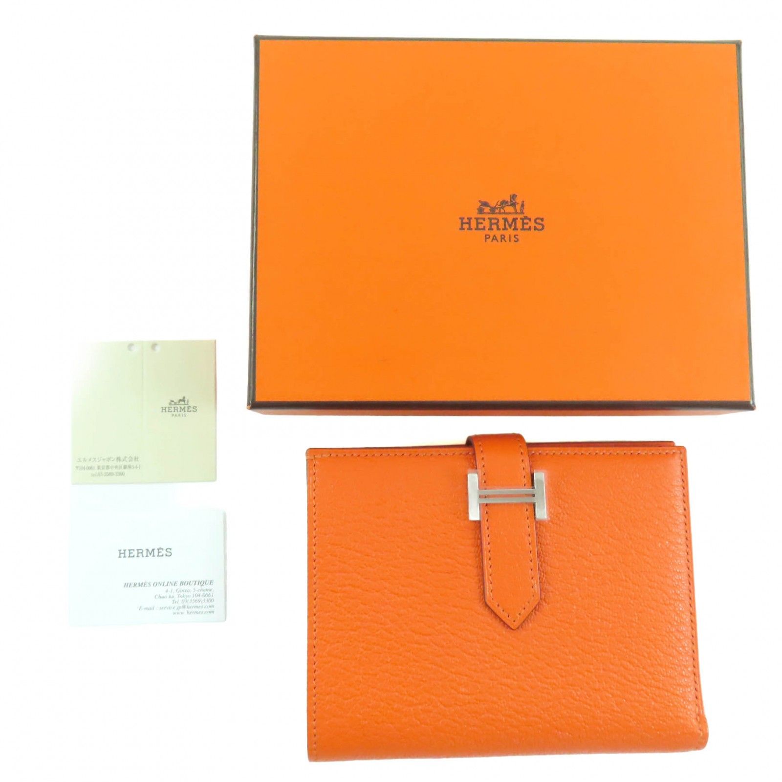 ♥品 HERMES エルメス ベアンコンパクト シェーブル シルバー金具 コンパクトウォレット 二つ折り財布 オレンジ W刻印 き フランス製 レディース